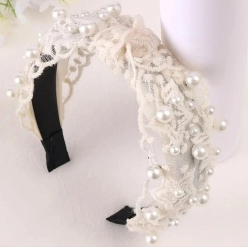Lacy white‎ pearl beaded headband NEW